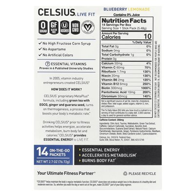 Celsjusz, Live Fit, Lemonade Blueberry, 14 opakowań na gie, 0,19 uncji (5,48 g)