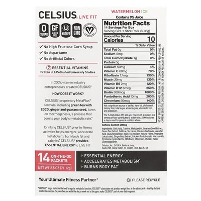 Celsjusz, Live Fit, Watermelon Ice, 14 pakietów na giełdzie, 0,18 uncji (5,08 g)
