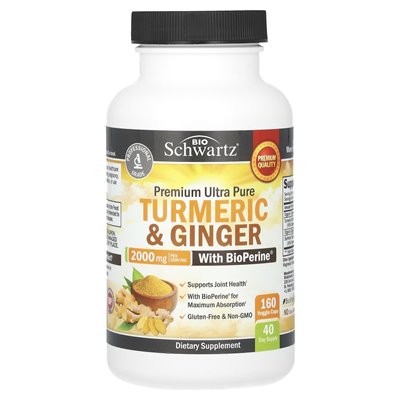 Bioschwartz, Premium Ultra Pure Turmeric &amp Ginger z bioperiną, 2000 mg, 160 czapek warzywnych (500 mg)