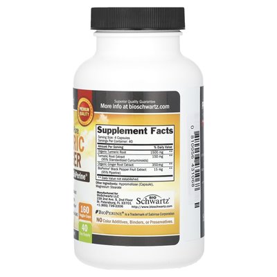 Bioschwartz, Premium Ultra Pure Turmeric &amp Ginger z bioperiną, 2000 mg, 160 czapek warzywnych (500 mg)