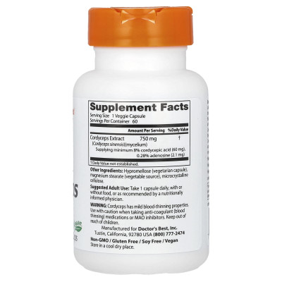 Doktor's Best, Ultra Cordyceps, 750 mg, 60 czapek wegetariańskich