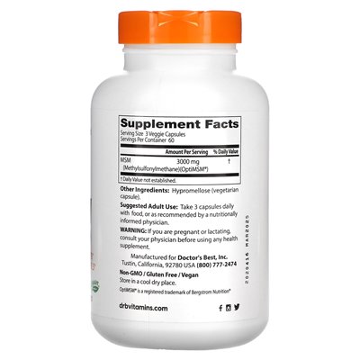 Doctor's Best, MSM z Optimsm, 1000 mg, 180 czapek wegetariańskich Doctor's Best, MSM z Optimsm, 1000 mg, 180 czapek wegetariańskich