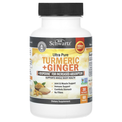Bioschwartz, Ultra Pure Turmeric + Ginger + Bioperine do zwiększonej wchłaniania, 60 kapsułek