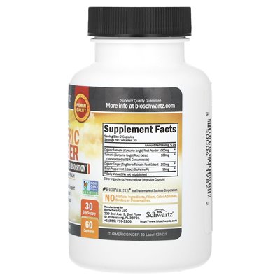Bioschwartz, Ultra Pure Turmeric + Ginger + Bioperine do zwiększonej wchłaniania, 60 kapsułek