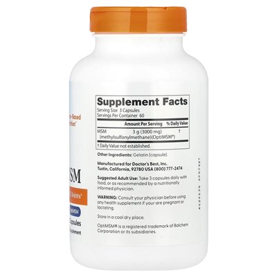 Doktor's Best, MSM, 3000 mg, 180 kapsułek (1000 mg na kapsułkę)
