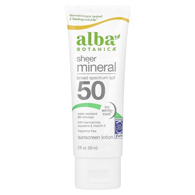 Alba Botanica, Lekka Mineralna Emulsja Opalająca, SPF 50, Bez Zapachu, 3 uncji (89 ml) Alba Botanica, Lekka Mineralna Emulsja Opalająca, SPF 50, Bez Zapachu, 3 uncji (89 ml)