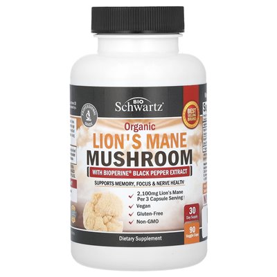 BIOSCHWARTZ, grzyb Lion Lion z bioperinowym ekstraktem z czarnego pieprzu, 90 czapek wegetariańskich BIOSCHWARTZ, grzyb Lion Lion z bioperinowym ekstraktem z czarnego pieprzu, 90 czapek wegetariańskich