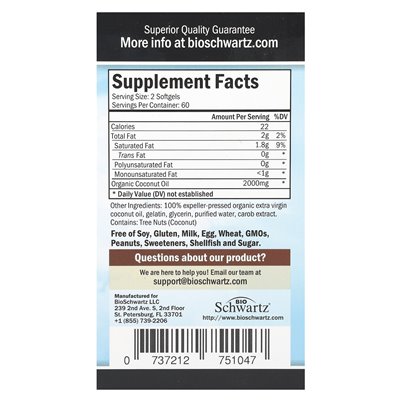 Bioschwartz, organiczny na zimno olej kokosowy, czysta Extra Virgin, 2000 mg, 120 miękkich (1000 mg na miękką)