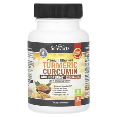 Bioschwartz, Premium Ultra Pure Turkumina z bioperiną, 1500 mg, 45 czapek warzywnych (500 mg na kapsułkę)