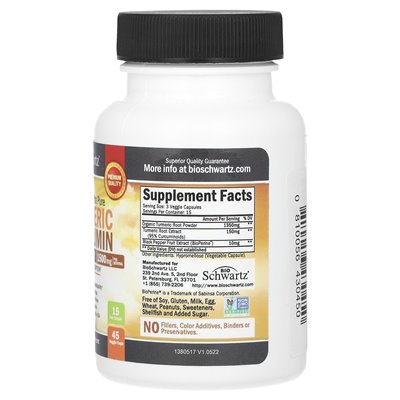 Bioschwartz, Premium Ultra Pure Turkumina z bioperiną, 1500 mg, 45 czapek warzywnych (500 mg na kapsułkę)
