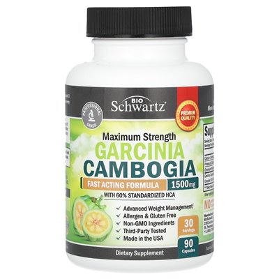 Bioschwartz, Garcinia Cambogia, maksymalna wytrzymałość, 1500 mg, 90 kapsułek (500 mg na kapsułkę) Bioschwartz, Garcinia Cambogia, maksymalna wytrzymałość, 1500 mg, 90 kapsułek (500 mg na kapsułkę)