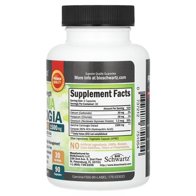 Bioschwartz, Garcinia Cambogia, maksymalna wytrzymałość, 1500 mg, 90 kapsułek (500 mg na kapsułkę) Bioschwartz, Garcinia Cambogia, maksymalna wytrzymałość, 1500 mg, 90 kapsułek (500 mg na kapsułkę)