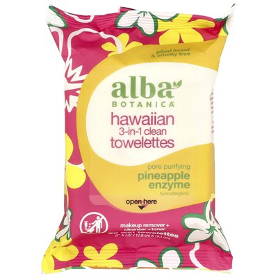 Alba botanica, hawajskie czysty ręcznik 3 w 1, enzym ananasowy, 25 mokrych ręczników