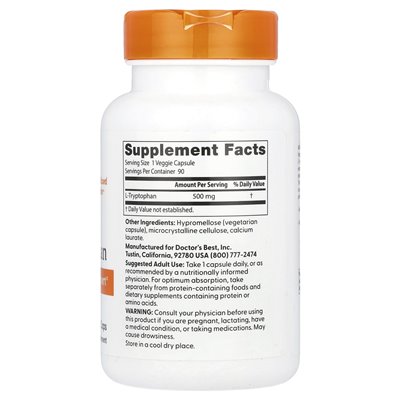 Doktor's Best, L-Tryptofan, 500 mg, 90 czapek wegetariańskich