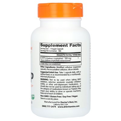 Doktor's Best, 5-HTP, 100 mg, 180 czapek wegetariańskich Doktor's Best, 5-HTP, 100 mg, 180 czapek wegetariańskich