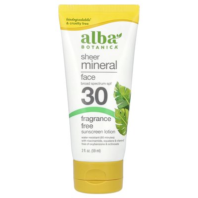 Alba Botanica, Sheer Mineral Face Sunshreen Bals, SPF 30, Brefance Free, 2 Fl Oz (59 ml)