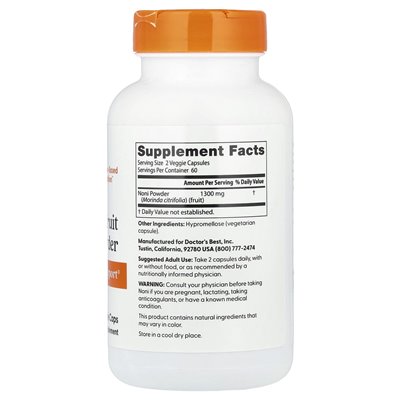 Doctor's Best Powder, Noni-Fruchtpulver, 1300 mg, 120 pflanzliche Kapseln (650 mg pro Kapsel)