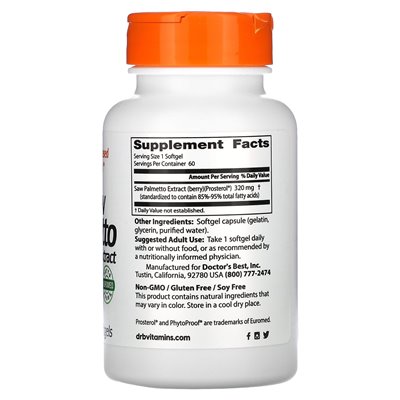 Doktor's Best, Saw Palmetto, standaryzowany ekstrakt, 320 mg, 60 miękkich Doktor's Best, Saw Palmetto, standaryzowany ekstrakt, 320 mg, 60 miękkich
