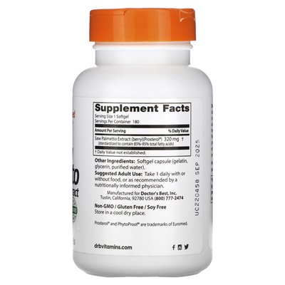 Doktor's Best, Saw Palmetto, standaryzowany ekstrakt, 320 mg, 180 miękkich Doktor's Best, Saw Palmetto, standaryzowany ekstrakt, 320 mg, 180 miękkich