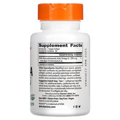 Doctor's Best Vegan DHA from Algae with Life's DHA, 200 mg, 60 Vegetarian Softgels