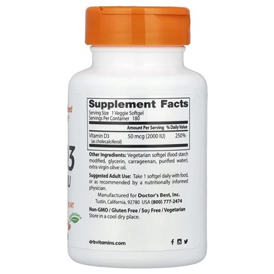 Doctor's Best, Vitamin D3, 50 Mcg (2000 IU), 180 warzyw miękkich