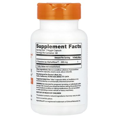 Doctor's Best, L-theanine, Alphawave®, 200 mg, 60 czapek wegetariańskich