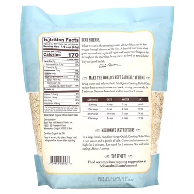 Bob's Red Mill, Organic, Quick Cooking Oatmeal, Whole Grain, 32 oz (907 g) Bob's Red Mill, Organic, Quick Cooking Oatmeal, Whole Grain, 32 oz (907 g)