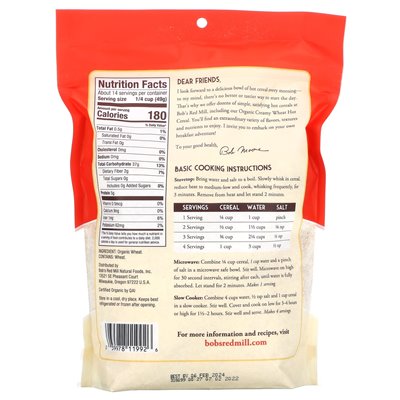 Bob's Red Mill, Organic Creamy Wheat Hot Careal, 24 uncje (680 g) Bob's Red Mill, Organic Creamy Wheat Hot Careal, 24 uncje (680 g)