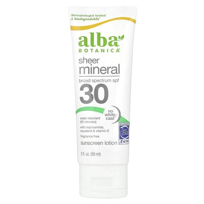 Alba Botanica, Sheer Mineral Sunscreen Bals, SPF 30, Fragrance Free, 3 Fl Oz (89 ml) Alba Botanica, Sheer Mineral Sunscreen Bals, SPF 30, Fragrance Free, 3 Fl Oz (89 ml)