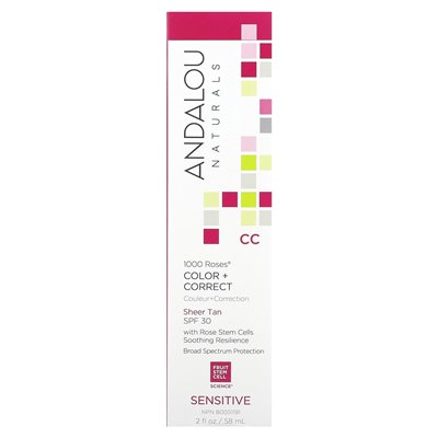 Andalou Naturals, 1000 Rouges, CC Color + Correct, Sensitive, LSF 30, Sheer Tan, 2 Fl Oz (58 ml)