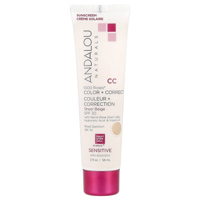 Andalou Naturals, 1000 Roses®, Color + Correct, Sensitive, SPF 30, Sheer Beige, 2 Fl Oz (58 ml)