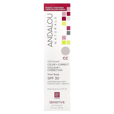 Andalou Naturals, 1000 Roses®, Color + Correct, Sensitive, SPF 30, Sheer Beige, 2 Fl Oz (58 ml)