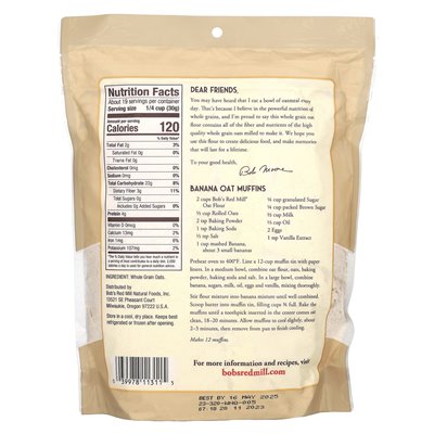 Bob's Red Mill, Hafermehl, Vollkorn, 20 oz (567 g)