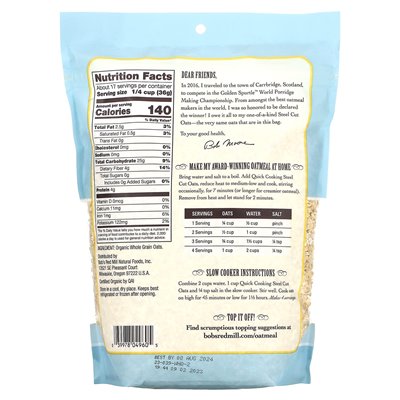 Bob's Red Mill, Organic Quick Cooking Stal Oats, pełne ziarno, 1 funt 6 uncji (624 g)