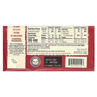 Chocolove, wiśnie i migdały w ciemnej czekoladzie, 55% kakao, 3,2 uncji (90 g)