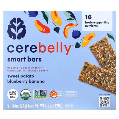 Cerebelly, batony inteligentne, organiczne batony maluchowe, banan jagody ze słodkich ziemniaków, 5 barów, 0,84 uncji (24 g) Cerebelly, batony inteligentne, organiczne batony maluchowe, banan jagody ze słodkich ziemniaków, 5 barów, 0,84 uncji (24 g)