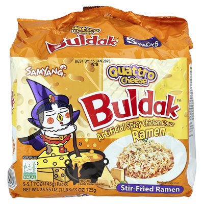 Buldak, Buldak ™, smażony ramen, pikantny kurczak, ser quattro, 5 paczek, 5,11 uncji (145 g)