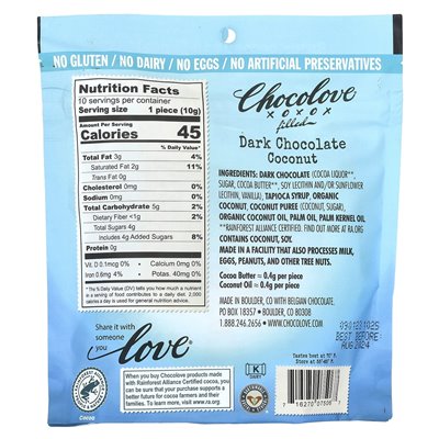 Chocolove, filled dark chocolate, coconut, 54% cocoa, 3.5 oz (100 g)