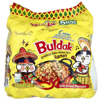 Buldak, Buldak ™, frittierte Ramen, Mais, künstliches würziges Huhn, 5 Packungen, 4,59 Unzen (130 G)