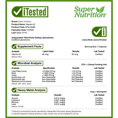 Super Nutrition, witamina K2, 60 kapsułek wegetariańskich