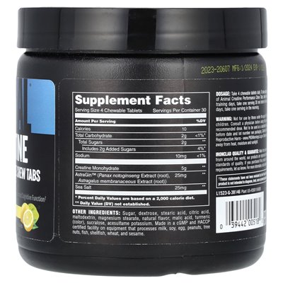 Animal, Creatine Performance Performance Tabs, Lemon Ice, 120 tabletek do żucia Animal, Creatine Performance Performance Tabs, Lemon Ice, 120 tabletek do żucia