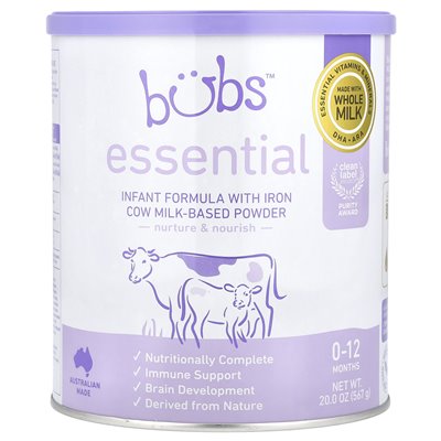 Aussie Bubs, niezbędna, niemowlęta formuła z proszkiem na bazie mleka żelaznego krowiego, 0-12 miesięcy, 20 uncji (567 g) Aussie Bubs, niezbędna, niemowlęta formuła z proszkiem na bazie mleka żelaznego krowiego, 0-12 miesięcy, 20 uncji (567 g)