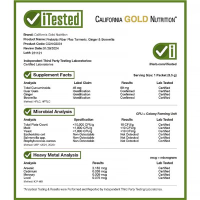 California Gold Nutrition, Prebiotic Fiber Plus Turkumeria, Ginger i Boswellia, 3 pakiety, 0,22 uncji (6,3 g) California Gold Nutrition, Prebiotic Fiber Plus Turkumeria, Ginger i Boswellia, 3 pakiety, 0,22 uncji (6,3 g)