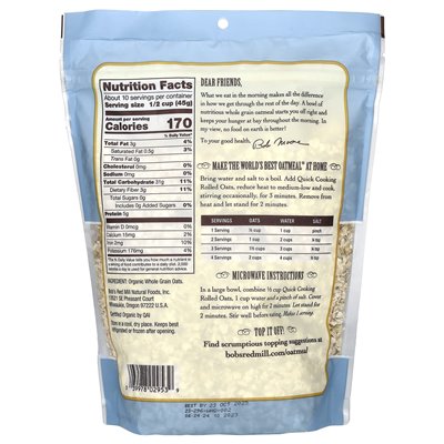 Bob's Red Mill, Bio-Haferflocken zum schnellen Kochen, Vollkorn, 16 oz (454 g) Bob's Red Mill, Bio-Haferflocken zum schnellen Kochen, Vollkorn, 16 oz (454 g)