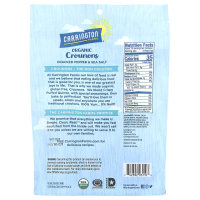 Carrington Farms, Organic Crounons, Cracked Pepper & Sea Salt, 4,75 uncji (134 g) Carrington Farms, Organic Crounons, Cracked Pepper & Sea Salt, 4,75 uncji (134 g)