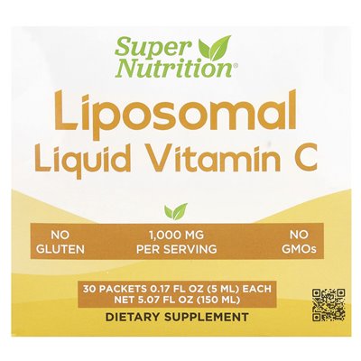 Super Nutrition, Liposomal Liquid Vitamin C, Unsmavered, 1000 mg, 30 pakietów, 0,17 fl oz (5 ml)