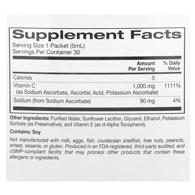 Super Nutrition, Liposomal Liquid Vitamin C, Unsmavered, 1000 mg, 30 pakietów, 0,17 fl oz (5 ml)