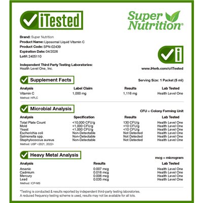 Super Nutrition, Liposomal Liquid Vitamin C, Unsmavered, 1000 mg, 30 pakietów, 0,17 fl oz (5 ml)