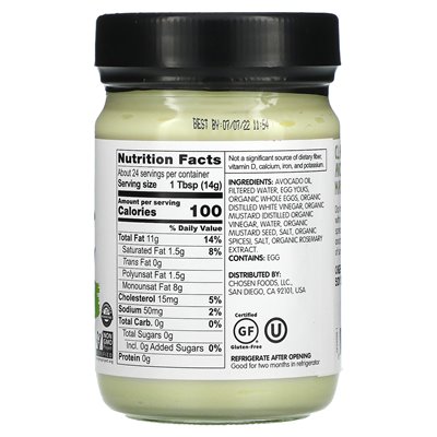 Wybrane produkty spożywcze, 100% na bazie oleju z awokado, klasyczny majonez, 12 Fl Oz (355 ml)