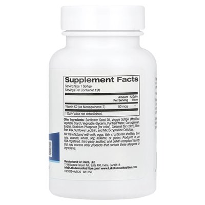 Lake Avenue Nutrition, witamina K2 (jako Menaquinone-7), 50 mcg, 120 wegetariańskich softgels